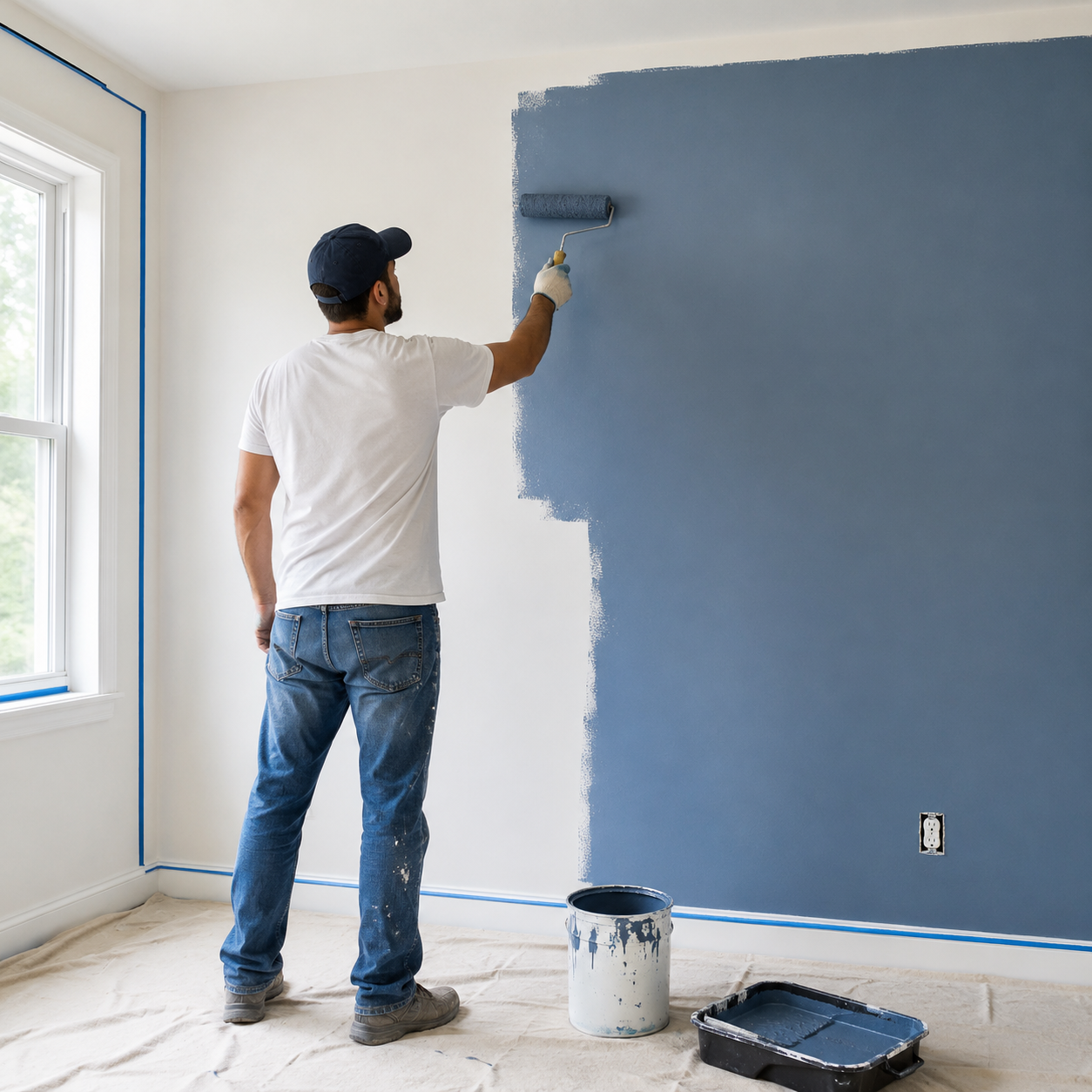 Painter rolling a wall
